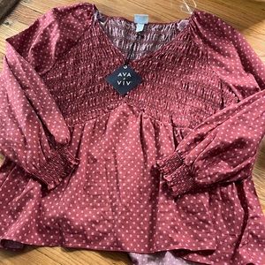 Ava & Viv V-Neck Smocked Balloon Sleeve Blouse 3X rust geo
